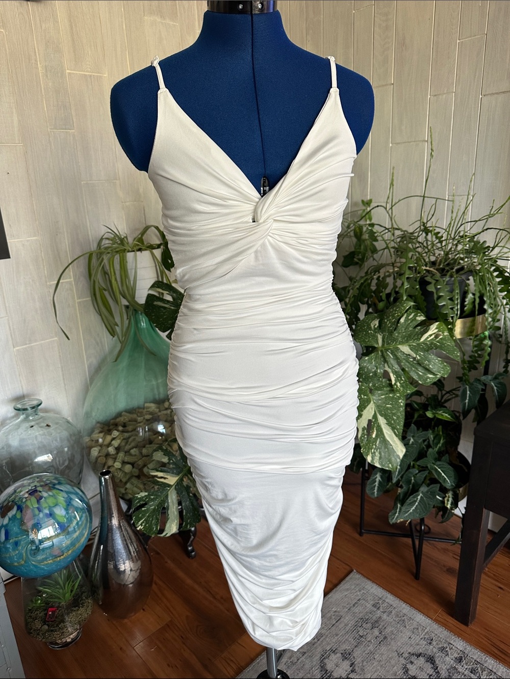 White Ruched Midi Dress with Twist Front